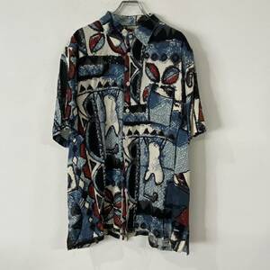 ビンテージ　vintage silk シルク　レーヨン　総柄　アート　デザイン　半袖　シャツ　230503