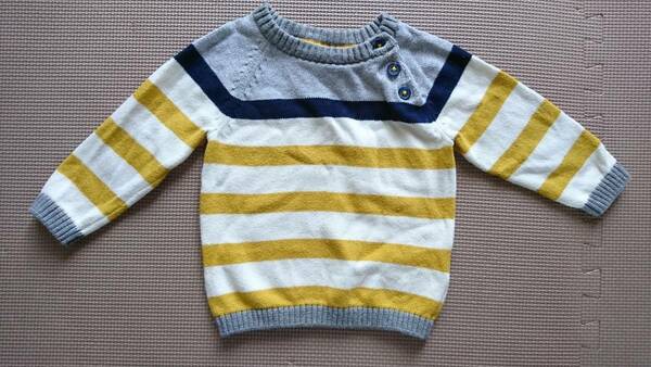 *H&M 68cm 白×黄色系ボーダー柄長袖セーター グレー 紺 綿100％ ベビー 赤ちゃん 男の子 女の子