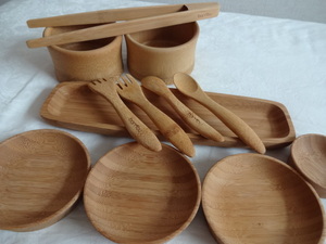  prompt decision * price cut *bambu bamboo natural bamboo. glass snack for small plate 4 piece salad tongs tray Mini spoon & Fork 12 point set kksa