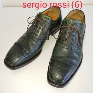 美品◆sergio rossi セルジオロッシ 牛革レザー パンチドキャップトゥ メダリオン ドレスシューズ ビジネス 内羽根 メンズ(6)モスグリーン