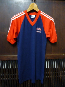 USA古着　80s 90s adidas Tシャツ M 紺 赤 ネイビー レッド アディダス 半袖 Vネック アメリカ製