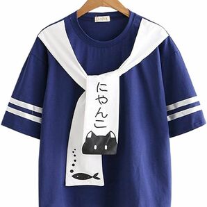 Tシャツ　半袖　セーラー襟　学生風　セーラー服風　ブラウス風　フリーサイズ　海軍風　ねこ　ネコ　猫　ネイビー　紺