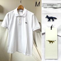 M 新品 メゾンキツネ MAISON KITSUNE ネイビーフォックスパッチ コットンピケ クラシック ポロシャツ 白 メンズ 刺繍 半袖 送料無料_画像1