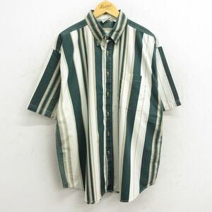 XL/古着 バンヒューセン 半袖 シャツ メンズ 90s 大きいサイズ ロング丈 コットン ボタンダウン 緑他 グリーン ストライプ 23may19 中古 ト