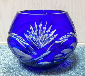 切子 花瓶 壺 花器 フラワーベース カットグラス 青 インテリア 硝子 花入 飾壺 ボトル