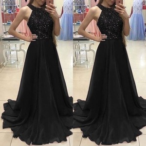 # new arrival # long dress, Eve person g dress, no sleeve, tight, ball gown, halter-neck, spangled, maxi S~XL black 