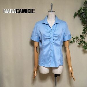 [ прекрасный товар ]NARACAMICIE Nara Camicie ... размер 1/M 9 номер стрейч полоса воротник-стойка рубашка с коротким рукавом блуза голубой женский 