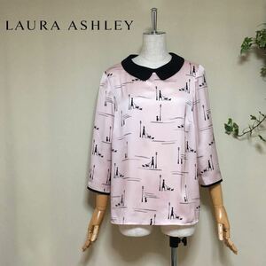 【美品】Laura Ashley ローラアシュレイ 洗える 犬の散歩柄 七分袖 ブラウス UK12/Lサイズ相当 ピンク レディース トップス ルーマニア製