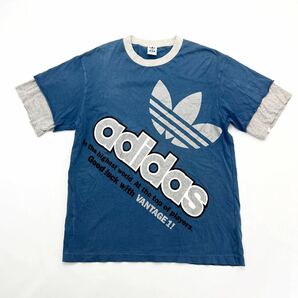 adidas ☆ レイヤード 重ね着風◎ レトロデザイン 半袖 Tシャツ ネイビー グレー L-O 定番 スポーツ ストリート 古着MIX アディダス■K198の画像2