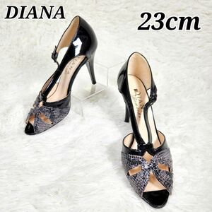 【DIANA】美品 パイソン柄 オープントゥ ヒールサンダル エナメル　23cm