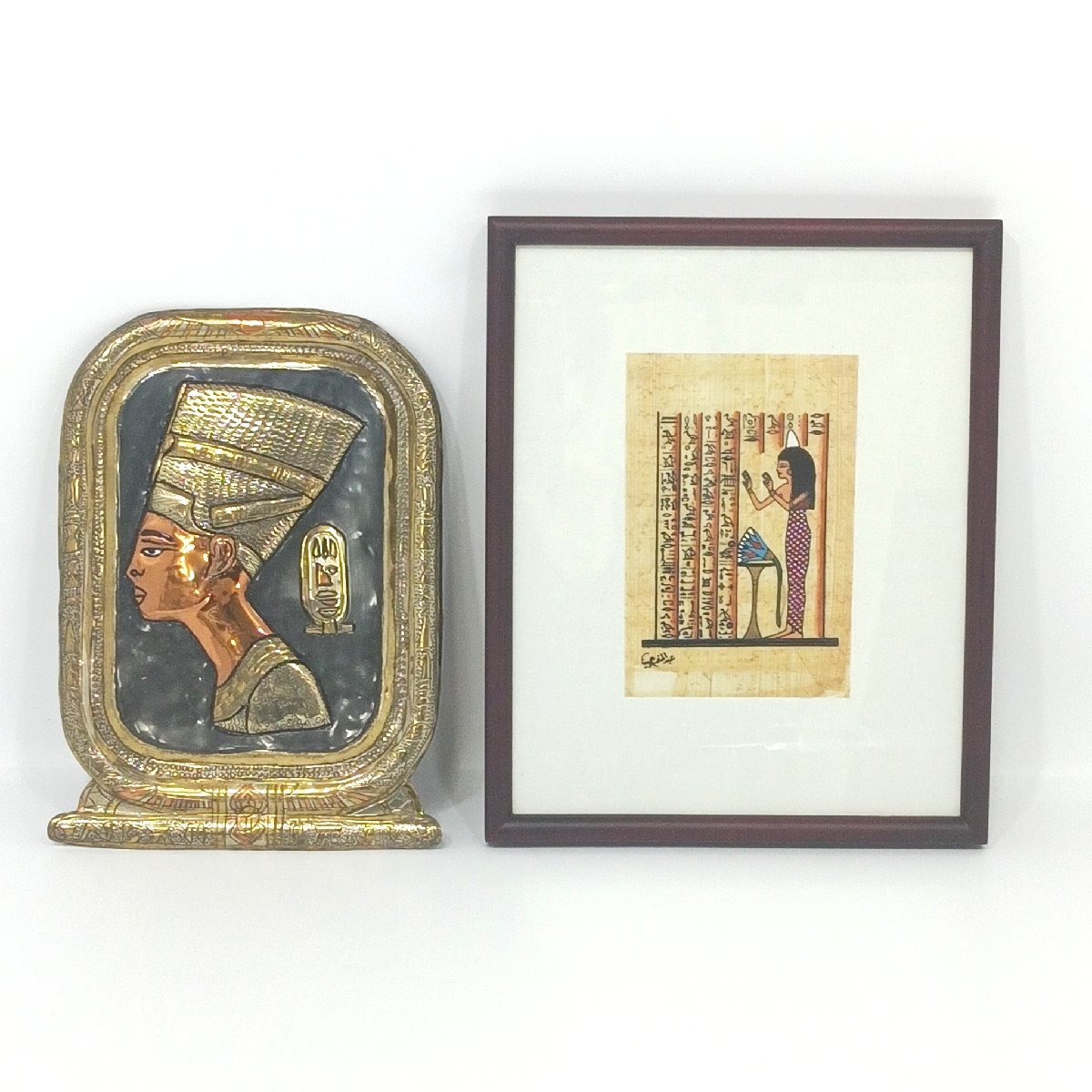 Egyptian Papyrus Framed Cleopatra Nefertiti Locally Purchased 2 Piece Set Wall Hanging Ancient Egyptian Hieroglyph Decoration [Doraku Sapporo], artwork, painting, others