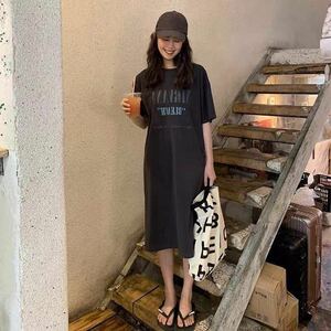 Tシャツワンピース レディース 夏 ゆったり 通勤 ロングワンピース 半袖 カジュアル 可愛い 英文字 丸首 薄手 SLWB041(S-2XL)