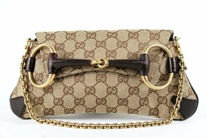 【美品】GUCCI グッチ GGキャンバス ビット金具 チェーンショルダーバッグ ブラウン系 114923・203989【OH12】