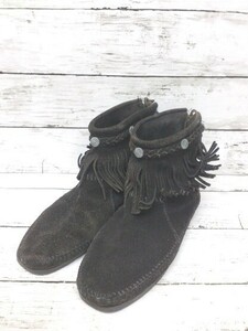 MINNETONKA Minnetonka fringe Zip up boots moccasin wool sphere equipped short boots 8(25. rank ) black lady's 1205000004365