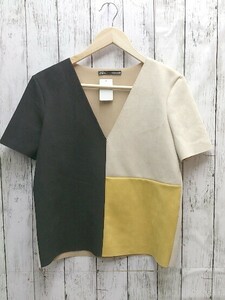 ZARA ザラ カットソー 半袖 マルチカラー スエード Vネック パッチワーク Ｔシャツ Sサイズ ブラック ベージュ レディース 1301000004784