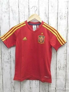 adidas アディダス Ｔシャツ 半袖 未使用 タグ付　メッシュ　ロゴ　カットソー　Vネック 140サイズ レッド キッズ 1205000002583