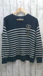 POLO RALPH LAUREN セーター 長袖 ニット ボーダー サイドボタン ラインストーン 毛羽立ち有 Mサイズ ネイビー レディース 1212000004943