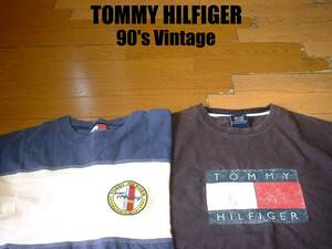 即戦力2着セットお宝90sビンテージTOMMY HILFIGERクルーネックTシャツMビッグシルエット正規トミーヒルフィガーJEANSジーンズボーダーロゴ