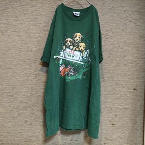 アニマル 半袖Tシャツ　子犬　ラブラドルレトリバー　花柄　蝶々　緑　44　古着　入手困難　希少 人気 　ビッグプリント ビッグサイズ