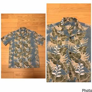 着用少な目.美品☆Hawaii.USA製／ROYAL CREATIONS・サイズS大き目.日本M-L並? 半袖アロハシャツ 裏使い生地 リーフ葉っぱ他ボーダー柄 薄紺