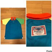 当時物.美品☆90s Budweiser／バドワイザー メンズL 半袖鹿の子ラグランポロシャツ・両面ロゴマーク入&ネオンカラー.クレイジーパターン！_画像1