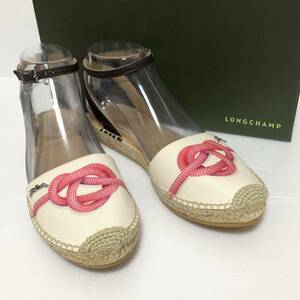  Long Champ LONGCHAMP sandals canvas × leather ribbon print white × tea × beige 37