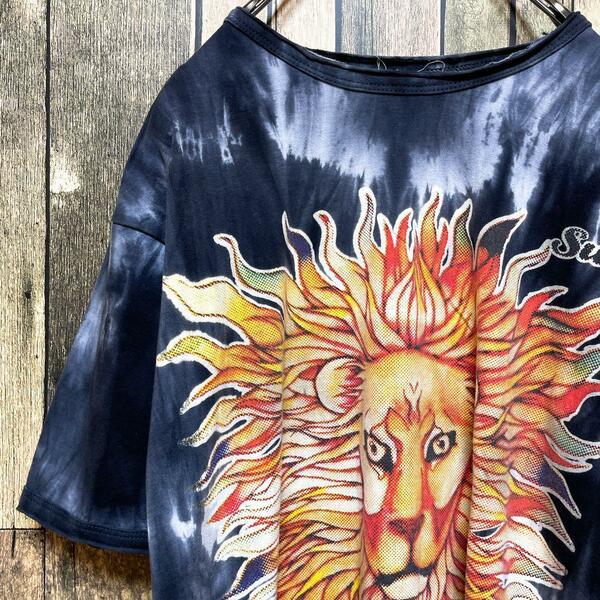 《人気デザイン》 lion2 黒☆Tシャツ L ビッグプリント タイダイ柄