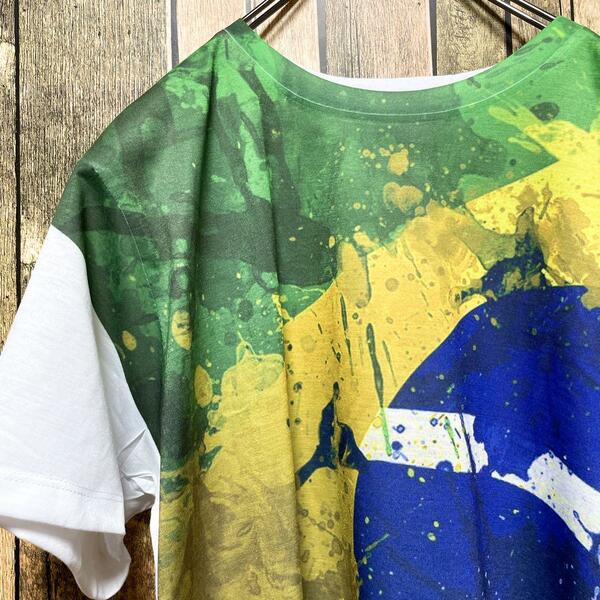 《人気デザイン》Brazilian flag 白☆Tシャツ L ビッグロゴ