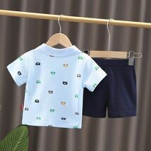 ♪ｍineka♪ベビークマ柄シャツ+パンツ2点セット 半袖Tシャツ ショートパンツ クマプリント 子供服 綿製 普段着 ブルー 80CM 211651/2T_画像2