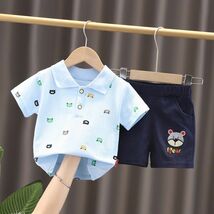 ♪ｍineka♪ベビークマ柄シャツ+パンツ2点セット 半袖Tシャツ ショートパンツ クマプリント 子供服 綿製 普段着 ブルー 80CM 211651/2T_画像1