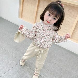 !mineka! Kids floral print shirt + long pants 2 point set setup pink child clothes long sleeve usually put on commuting to kindergarten . pair going out going to school 120cm 210288/6T