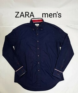 美品！ZARA　冬物　ボタンダウン　メンズ　長袖シャツ オックスフォード 長袖　アウター　カジュアル　紺色　ネイビー　Mサイズ　春物