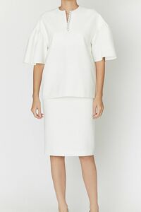 YOKO CHAN Gathered-sleeve Pearl Blouse White 36 パールブラウス ホワイト リラックスフィット 保護者会 学校行事 オフィス フォーマル 