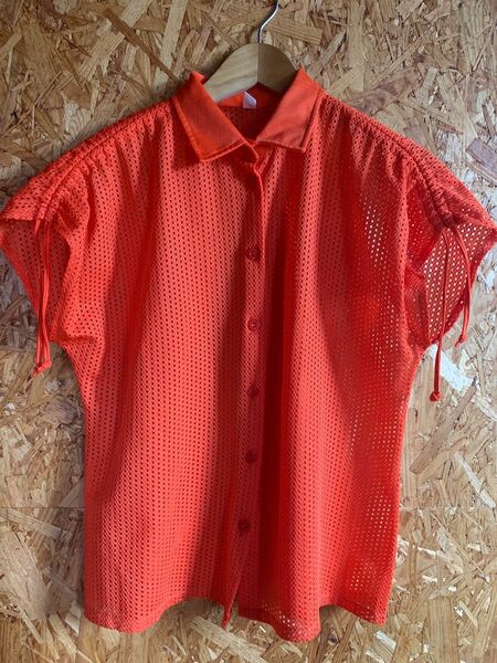 メッシュ　オレンジ　トップス　襟付き　シャツ　重ね着　 半袖シャツ シャツブラウス 半袖　夏