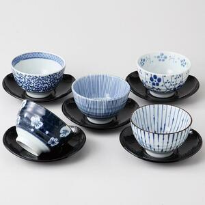 美濃焼！ ☆藍染五様・茶托付煎茶揃☆ Ｖ3118-6 新品 湯呑 汲出し 日本茶 ほうじ茶 茶器 ギフト