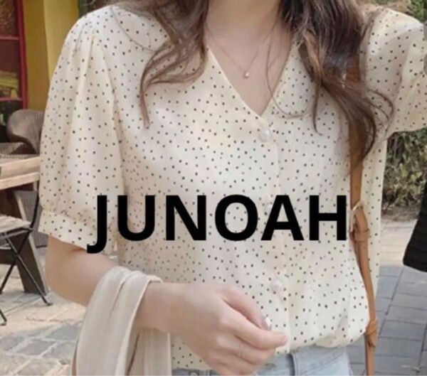 JUNOAH ジュノア Vネックドットブラウス トップス カットソー