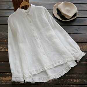 M~4XL size # autumn new goods casual dressing up wonderful large size plain cotton flax long sleeve blouse shirt tunic * white 