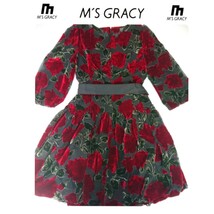 エムズグレイシー M'S GRACY 人気完売 薔薇柄 バラ柄 オーガンジー ワンピース 36 リボンベルト付 黒 赤 稀少_画像2