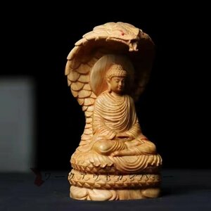 美品☆仏教美術 精密彫刻 鎮宅辟邪 仏像 手彫り 木彫仏像 崖柏木 蛇仏立像★高さ約12cm