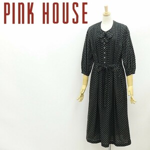 ヴィンテージ◆PINK HOUSE ピンクハウス 小花柄 リボン ブザム 七分袖 コットン ロング ワンピース 黒 ブラック