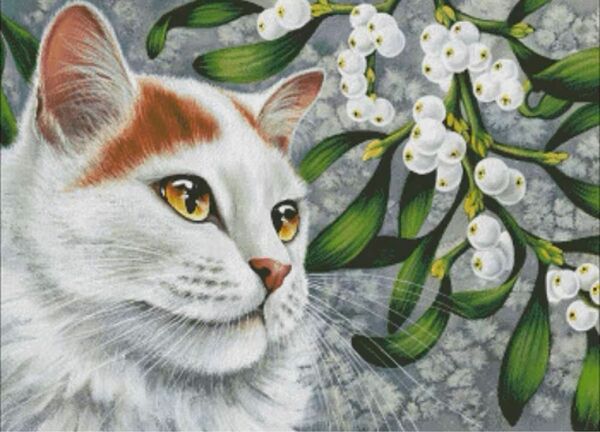 クロスステッチキット　猫とホワイトベリー(11CT、図案印刷あり)