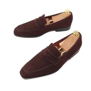 24cm men's original leather suede square tu Italian Loafer slip-on shoes hand made shoes business casual dark brown S5006