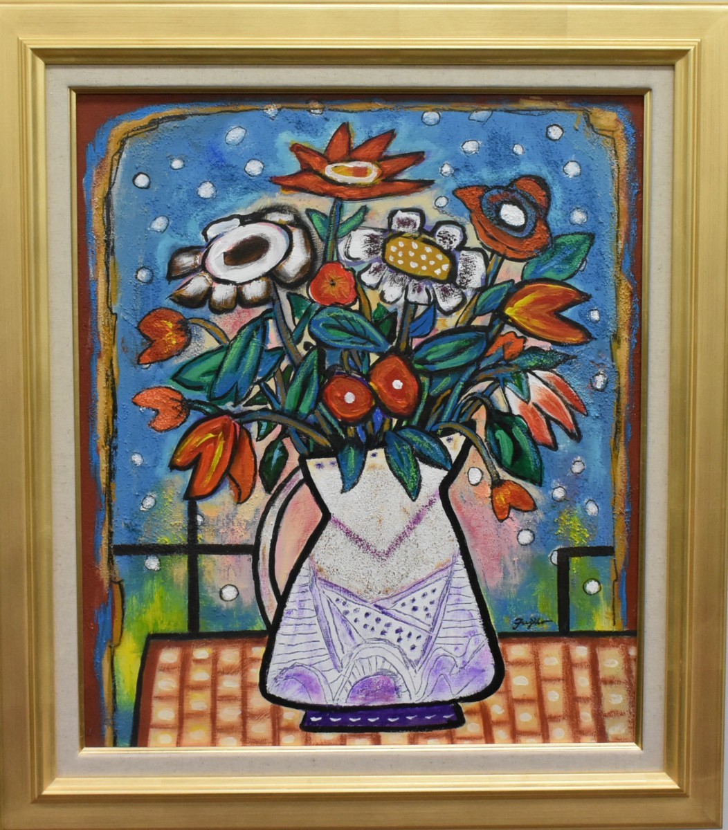 [Masamitsu Gallery] New oil painting work! Fujiko Shirai No. 10 Polka dot room and bouquet [5000 items on sale! You can find your favorite work], painting, oil painting, still life painting
