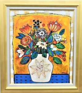 【人気画家作品】　　白井不二子　　「ブルーのテーブルの花」　　10号　　　油彩画　　【正光画廊】