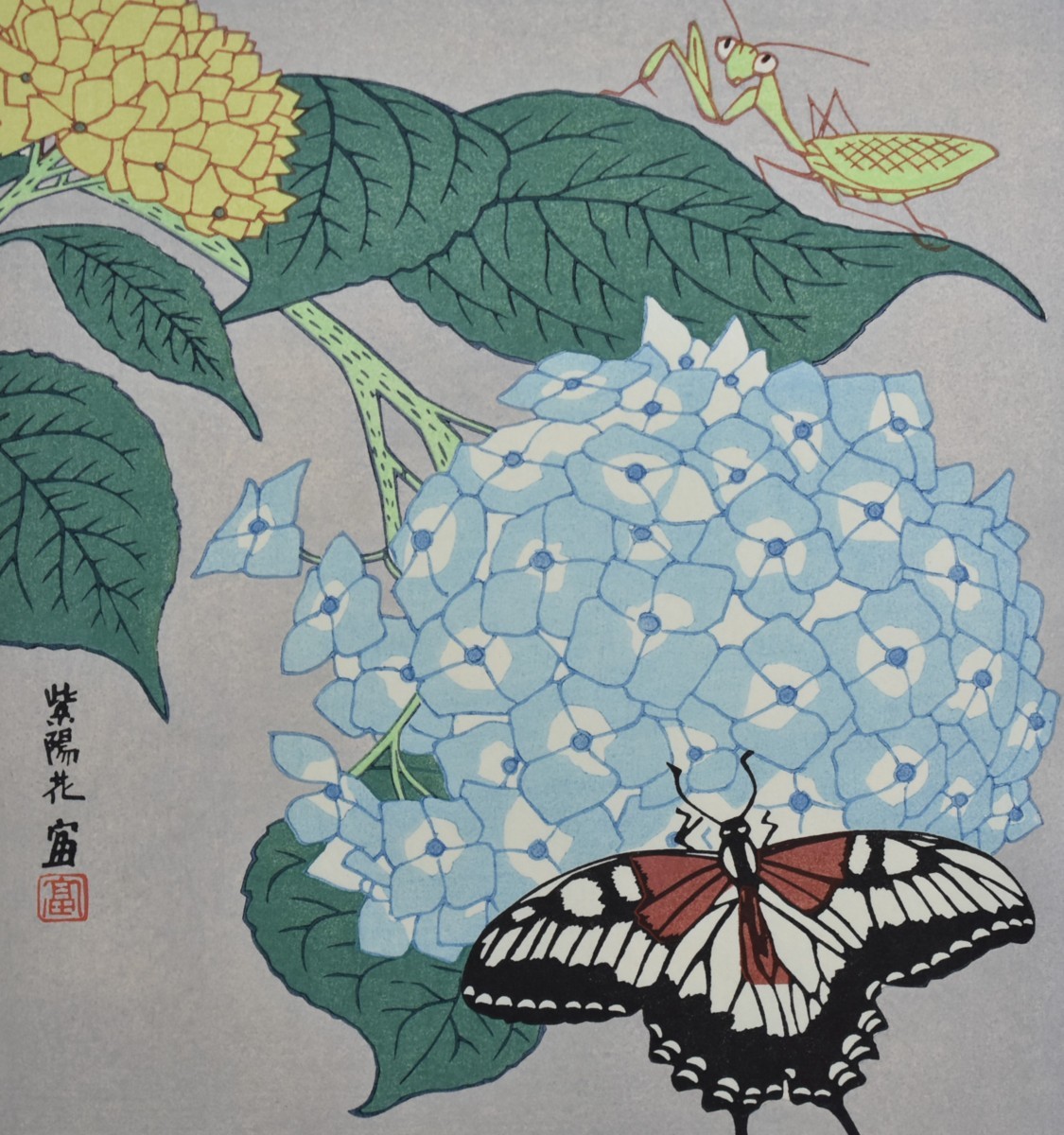 京都市文化功绩奖获奖艺术家！德力富喜郎版画《花四景：绣球花与蝴蝶》183/300 精工画廊, 绘画, 油画, 自然, 山水画