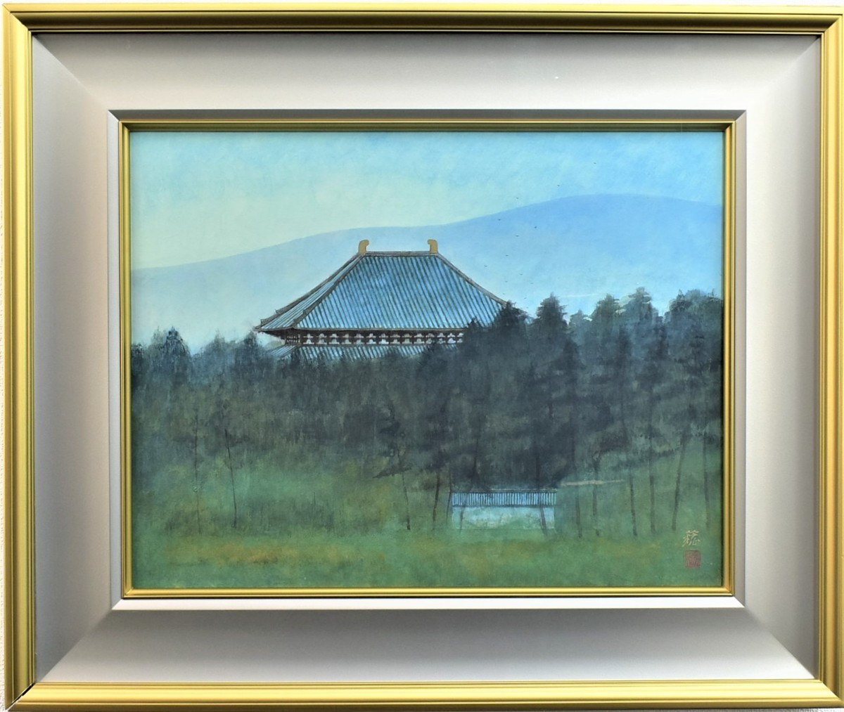 井上稔 10P 东大寺的早晨 日本画共同印章老师：西山秀夫 [Masamitsu Gallery], 绘画, 日本画, 景观, 风月