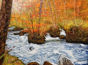 人気画家油絵新作品! 　　上鈴木正一　　４F　　「紅葉の奥入瀬」　　【正光画廊　5500点出中！お好みの作品が見つかります】