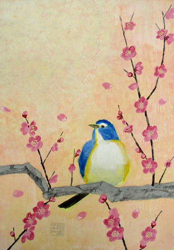 Œuvres populaires recommandées ! Peinture/écriture japonaise* Rieko Nakajo : Printemps du vent II - Fleurs de prunier rouge et Redstart bleu numéro SM Masamitsu Gallery, peinture, Peinture japonaise, fleurs et oiseaux, oiseaux et bêtes