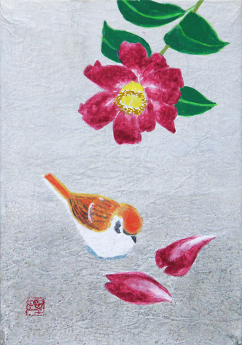 Empfohlene beliebte Werke! Japanische Malerei/Handschrift* Rieko Nakajo: Fuyuhi II Nagori Snow – Sazanka Sparrow SM Ausgabe Masamitsu Gallery, Malerei, Japanische Malerei, Blumen und Vögel, Vögel und Tiere