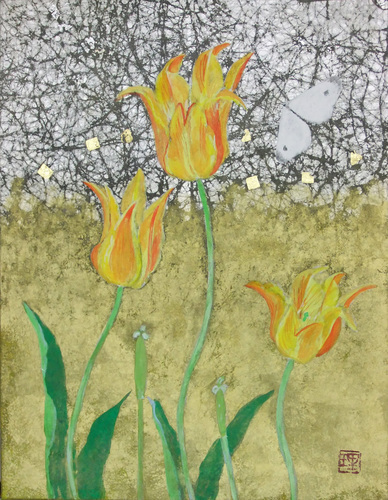 Popular Japanese painter Rieko Nakajo No. 3 Story of Spring (II) Tulips [Seiko Gallery], Painting, Japanese painting, Flowers and Birds, Wildlife